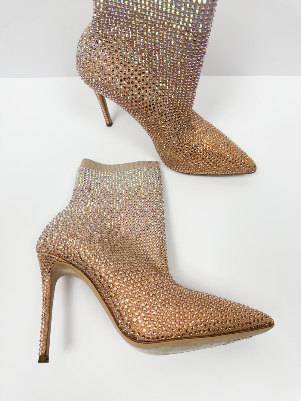 Casadei Rhinestone Crystal Sock Boots Stiletto Pointed Toe Italian Heels Sz 37
